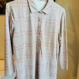 J. McLaughlin Pink and White Plaid 3/4 Sleeve Polo